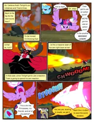 Size: 612x792 | Tagged: safe, artist:newbiespud, derpibooru import, edit, edited screencap, screencap, discord, lord tirek, rainbow dash, centaur, pegasus, pony, taur, comic:friendship is dragons, abs, angry, blast, comic, d:, dialogue, female, flying, glow, glowing horn, horn, horns, image, magic, magic blast, male, mare, onomatopoeia, open mouth, png, underhoof, wings