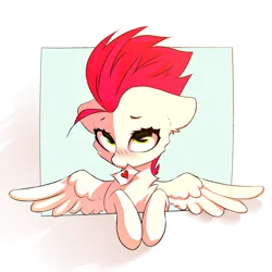 Size: 3000x3000 | Tagged: safe, artist:o0o-bittersweet-o0o, derpibooru import, oc, oc:bittersweet, pegasus, pony, blushing, chest fluff, colored, digital art, ear fluff, eyebrows, female, floppy ears, heart, hooves to the chest, image, looking at you, looking up, mare, mouth hold, paper, png, raised eyebrow, sketch, smiling, solo, solo female, spread wings, wings