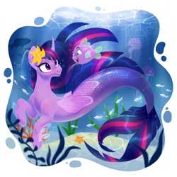 Size: 2160x2160 | Tagged: safe, artist:bluefeathercat, derpibooru import, princess twilight 2.0, spike, twilight sparkle, twilight sparkle (alicorn), alicorn, fish, jellyfish, merpony, pony, puffer fish, seapony (g4), starfish, my little pony: the movie, the last problem, bubble, clothes, coral, crepuscular rays, curved horn, cute, digital art, female, fin wings, fins, fish tail, flower, flower in hair, flowing mane, flowing tail, green eyes, happy, high res, horn, image, logo, looking at each other, looking at someone, male, mare, mermay, ocean, older, older twilight, open mouth, open smile, png, purple eyes, seaponified, seapony twilight, seaweed, see-through, smiling, smiling at each other, solo, species swap, spike the pufferfish, sunlight, swimming, tail, teeth, underwater, water, watermark, wings
