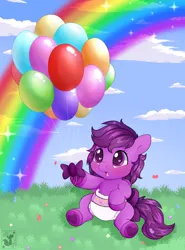 Size: 2160x2920 | Tagged: safe, artist:kitsu shy, derpibooru import, oc, oc:emilia starsong, butterfly, insect, pony, baby, baby pony, balloon, blue sky, blushing, bow, cloud, colored hooves, colorful, diaper, female, filly, flower, foal, grass, grass field, hoof heart, image, open mouth, png, rainbow, ribbon, solo, sparkles, tail, tail bow, underhoof