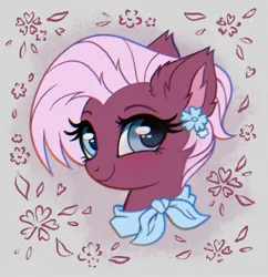 Size: 1508x1561 | Tagged: safe, artist:confetticakez, derpibooru import, jasmine leaf, earth pony, pony, abstract background, bust, ear fluff, female, flower, flower in hair, image, jpeg, looking at you, mare, smiling, smiling at you, solo