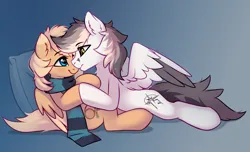 Size: 2880x1756 | Tagged: safe, artist:taneysha, derpibooru import, oc, oc:keji, oc:mirta whoowlms, pegasus, pony, clothes, female, image, kejitash, looking at each other, looking at someone, male, oc x oc, pegasus oc, png, scarf, shipping, smiling, smiling at each other, straight, wings