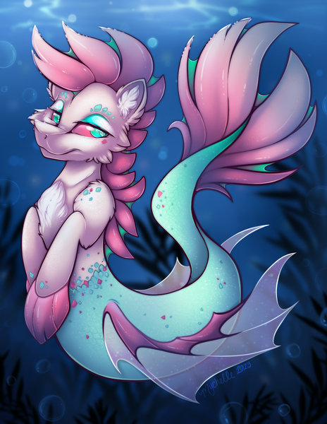 Size: 2550x3300 | Tagged: safe, artist:mychelle, derpibooru import, oc, unofficial characters only, hybrid, merpony, pony, seapony (g4), absurd resolution, bubble, chest fluff, colored pupils, crepuscular rays, cute, digital art, dorsal fin, ear fluff, eyeshadow, fin, fins, fish tail, flowing mane, flowing tail, image, lidded eyes, looking at you, makeup, male, mermaid tail, ocean, png, red mane, red tail, rock, seaponified, seaweed, smiling, smiling at you, solo, species swap, stallion, sunlight, swimming, tail, underwater, water