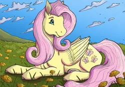 Size: 1728x1200 | Tagged: safe, artist:saltwaterstier, derpibooru import, fluttershy, pegasus, pony, cute, female, flower, flower field, grass, grass field, image, looking away, lying down, mare, png, prone, shyabetes, sky, smiling, solo