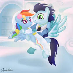 Size: 1400x1400 | Tagged: safe, artist:mlplary6, derpibooru import, rainbow dash, soarin', pegasus, pony, bridal carry, bride, carrying, clothes, dress, female, flower, flower in hair, flying, groom, husband and wife, image, just married, looking at each other, looking at someone, looking at you, male, mare, marriage, married couple, png, rainbow dash's house, romantic, shipping, smiling, smiling at you, smoking, soarindash, stallion, straight