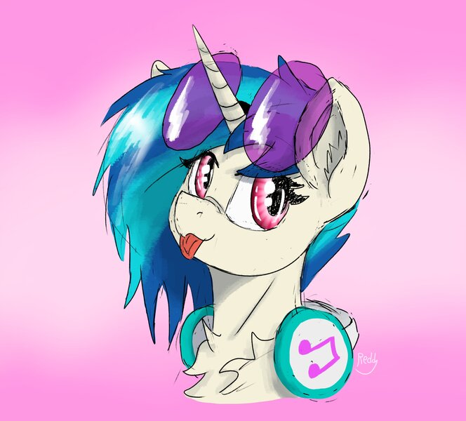 Size: 3180x2874 | Tagged: safe, artist:reddthebat, derpibooru import, vinyl scratch, pony, unicorn, bust, chest fluff, female, gradient background, headphones, image, jpeg, mare, solo, sternocleidomastoid, sunglasses, sunglasses on head, tongue out