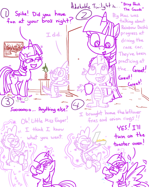 Size: 4779x6013 | Tagged: safe, artist:adorkabletwilightandfriends, derpibooru import, spike, twilight sparkle, twilight sparkle (alicorn), alicorn, dragon, pony, comic:adorkable twilight and friends, adorkable, adorkable twilight, box, character development, comic, cute, door, dork, excited, family, feather, female, food, french fries, happy, hug, image, jumping, leftovers, lifting, looking down, looking up, love, magic, male, mama twilight, mare, onion, onion rings, png, spikabetes, twiabetes, vase, wings