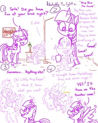 Size: 4779x6013 | Tagged: safe, artist:adorkabletwilightandfriends, derpibooru import, spike, twilight sparkle, twilight sparkle (alicorn), alicorn, dragon, pony, comic:adorkable twilight and friends, adorkable, adorkable twilight, box, character development, comic, cute, door, dork, excited, family, feather, female, food, french fries, happy, hug, image, jumping, leftovers, lifting, looking down, looking up, love, magic, male, mama twilight, mare, onion, onion rings, png, spikabetes, twiabetes, vase, wings