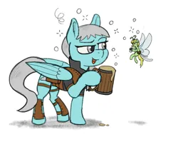 Size: 1646x1313 | Tagged: safe, artist:sprontr, derpibooru import, oc, oc:edelweiss the seeker, oc:silver lining, breezie, pegasus, alcohol, armor, bag, beer, drunk, drunk bubbles, duo, fantasy class, female, image, messenger bag, mug, png, rogue, simple background