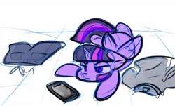 Size: 1330x805 | Tagged: safe, artist:zutcha, derpibooru import, twilight sparkle, twilight sparkle (alicorn), alicorn, pony, blush sticker, blushing, clothes, female, frown, image, jpeg, lidded eyes, lying down, mare, mobile phone, pants, phone, prone, shirt, simple background, sketch, smartphone, solo, sploot, white background