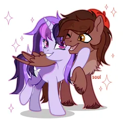 Size: 2949x2905 | Tagged: safe, artist:cursed soul, derpibooru import, oc, oc:autumn rosewood, oc:dreaming bell, unofficial characters only, pegasus, pony, unicorn, beret, commission, cuddling, female, happy, hat, horn, image, male, mare, pegasus oc, png, simple background, smiling, stallion, two toned coat, unicorn oc, unshorn fetlocks, wings, ych result