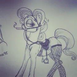 Size: 500x500 | Tagged: suggestive, artist:pinkiepony, ponybooru import, oc, unofficial characters only, earth pony, pony, bridle, cigarette, clothes, eyebrow piercing, eyeshadow, female, fishnets, grayscale, image, jpeg, lidded eyes, looking back, makeup, mare, monochrome, piercing, pinkiepony, saddle, smoking, stockings, tack, thigh highs, traditional art