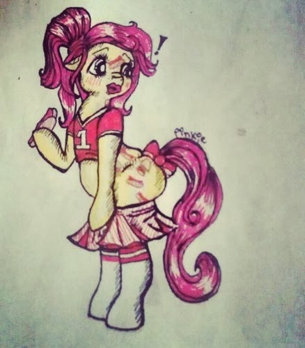 Size: 438x500 | Tagged: suggestive, artist:pinkiepony, ponybooru import, earth pony, semi-anthro, bow, cheerleader outfit, clothes, exclamation point, food, hoof hold, hot dog, image, jpeg, lipstick, looking back, meat, pinkiepony, ponytail, sausage, skirt, socks, tail bow, traditional art