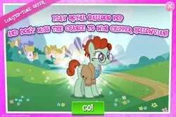 Size: 1959x1298 | Tagged: safe, derpibooru import, official, earth pony, pony, advertisement, balloon pop, clothes, english, female, gameloft, glasses, image, jpeg, mare, mobile game, my little pony: magic princess, quiet time, solo, solo focus, text