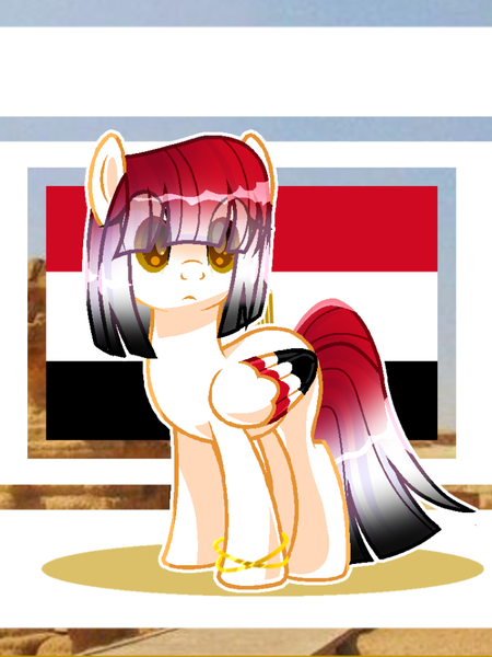 Size: 720x960 | Tagged: safe, artist:diniarvegafinahar, derpibooru import, ponified, pegasus, pony, bracelet, colored wings, egypt, eye clipping through hair, female, flag, gradient mane, gradient tail, image, jewelry, mare, multicolored wings, nation ponies, png, solo, tail, wings