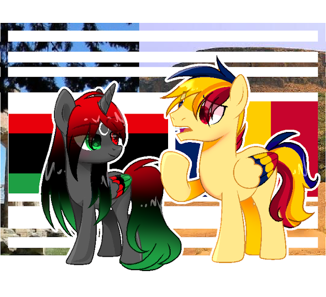 Size: 640x583 | Tagged: safe, artist:diniarvegafinahar, derpibooru import, ponified, alicorn, pegasus, pony, chad (country), colored wings, duo, eye clipping through hair, female, flag, gradient mane, gradient tail, heterochromia, image, libya, lidded eyes, male, mare, multicolored wings, nation ponies, open mouth, png, raised hoof, simple background, stallion, tail, white background, wings