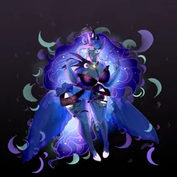 Size: 3600x3600 | Tagged: suggestive, artist:catrinebs, derpibooru import, princess luna, anthro, unguligrade anthro, abstract background, black background, breasts, busty princess luna, cleavage, clothes, dress, ethereal mane, ethereal tail, female, glow, glowing horn, high res, horn, image, lidded eyes, looking at you, png, simple background, solo, tail