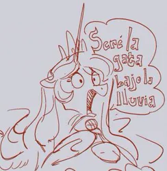 Size: 307x315 | Tagged: safe, artist:coypuppy, derpibooru import, princess celestia, alicorn, image, jpeg, la gata bajo la lluvia, lineart, microphone, rocio durcal, simple background, singing, sketch, song reference, spanish, speech bubble, white background