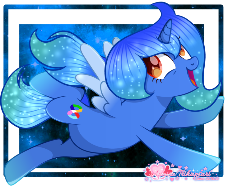 Size: 4050x3313 | Tagged: safe, artist:misscupcake333, artist:tanahgrogot, derpibooru import, oc, oc:viola margaretha, unofficial characters only, alicorn, pony, base used, cute, female, flying, galaxy, happy, image, mare, ocbetes, open mouth, open smile, png, simple background, smiling, solo, transparent background, vector