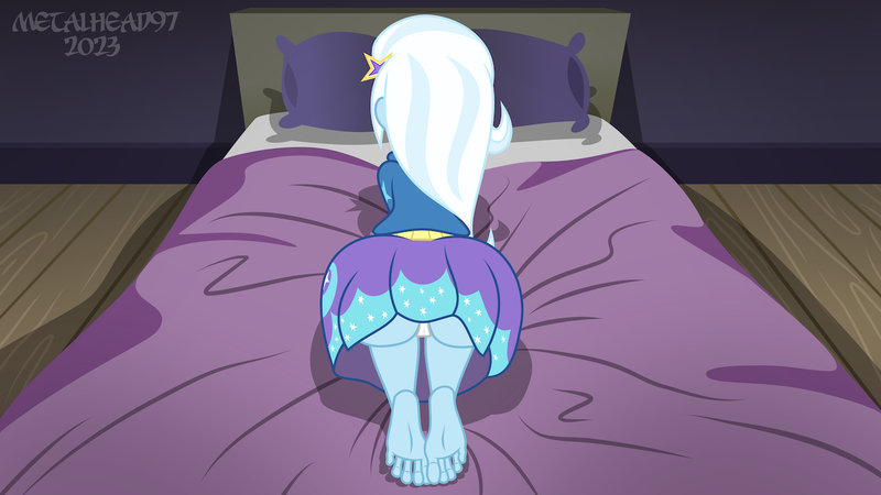 Size: 1280x720 | Tagged: suggestive, alternate version, artist:metalhead97, derpibooru import, trixie, equestria girls, equestria girls series, all fours, barefoot, bed, bedroom, butt, clothes, feet, female, image, legs, long hair, offscreen character, panties, pillow, png, pov, presenting, rear view, show accurate, skirt, strategically covered, sultry, sultry pose, sweater, underwear