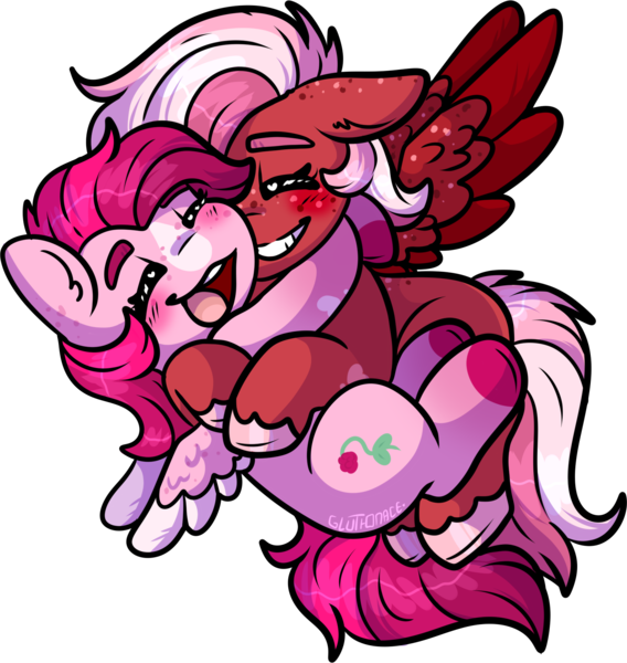 Size: 1702x1798 | Tagged: safe, artist:sexygoatgod, derpibooru import, oc, oc:raspberry sorbet, oc:strawberry syrup, unofficial characters only, pegasus, chibi, cuddling, female, hug, image, png, simple background, transparent background