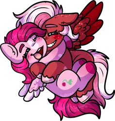 Size: 1702x1798 | Tagged: safe, artist:sexygoatgod, derpibooru import, oc, oc:raspberry sorbet, oc:strawberry syrup, unofficial characters only, pegasus, chibi, cuddling, female, hug, image, png, simple background, transparent background