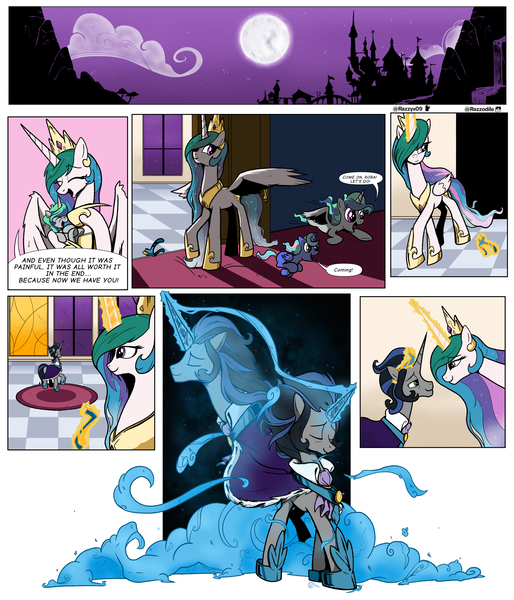 Size: 3510x4096 | Tagged: safe, artist:razzy, derpibooru import, idw, king sombra, princess celestia, oc, oc:light breeze, alicorn, bat pony, pony, unicorn, spoiler:comic, bat pony oc, bat wings, comic, female, flying, good king sombra, image, jewelry, magic, male, mare, mirror universe, moon, offspring, parent and child, parent:good king sombra, parent:king sombra, parent:princess celestia, parent:princess luna, parents:celestibra, png, regalia, scenery, spread wings, transformation, wings