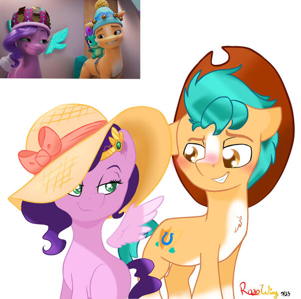 Size: 1280x1271 | Tagged: safe, artist:flutterbug18, derpibooru import, hitch trailblazer, pipp petals, earth pony, pegasus, pony, g5, bedroom eyes, blushing, chest fluff, cowboy hat, female, grin, hat, hitchpipp, image, jpeg, looking at each other, looking at someone, male, mare, screencap reference, shipping, simple background, smiling, smiling at each other, spread wings, stallion, straight, sun hat, white background, wings