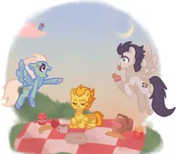 Size: 850x746 | Tagged: safe, derpibooru import, fleetfoot, rainbow dash, soarin', spitfire, pegasus, pony, apple, bread, croissant, female, food, french fries, image, jam, mare, moon, picnic, pie, png, strawberry, wings
