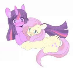 Size: 1178x1098 | Tagged: safe, artist:horseyuris, derpibooru import, fluttershy, twilight sparkle, pegasus, pony, unicorn, blushing, cuddling, cute, duo, duo female, female, image, jpeg, lesbian, lying down, mare, prone, shipping, shyabetes, simple background, twiabetes, twishy, unicorn twilight, white background