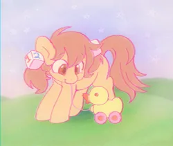 Size: 1000x844 | Tagged: safe, artist:horseyuris, derpibooru import, oc, unofficial characters only, earth pony, pony, cute, duckroll, female, filly, foal, image, jpeg, solo, toy