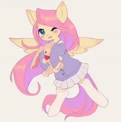 Size: 1452x1462 | Tagged: safe, artist:horseyuris, derpibooru import, fluttershy, pegasus, pony, bipedal, blushing, clothes, cute, ear blush, hoof hold, image, jacket, jpeg, kneesocks, one eye closed, open mouth, open smile, plushie, shyabetes, simple background, skirt, smiling, socks, solo, spread wings, standing, standing on one leg, wings, yellow background