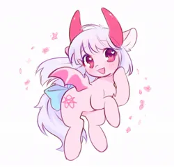 Size: 1000x965 | Tagged: safe, artist:horseyuris, derpibooru import, oc, unofficial characters only, demon, demon pony, original species, pony, bat wings, bow, cute, female, heart, heart eyes, horns, image, jpeg, looking at you, mare, ocbetes, open mouth, open smile, simple background, smiling, smiling at you, solo, spread wings, tail, tail bow, white background, wingding eyes, wings