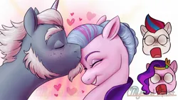 Size: 2048x1152 | Tagged: safe, artist:mythicalartist_, derpibooru import, alphabittle (g5), pipp petals, queen haven, zipp storm, pegasus, pony, unicorn, g5, alphahaven, eyes closed, female, forehead kiss, heart, image, jpeg, kissing, male, mare, open mouth, royal sisters (g5), shipping, shocked, siblings, sisters, stallion, straight