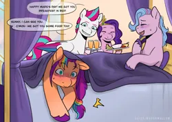 Size: 4132x2919 | Tagged: suggestive, artist:daisy_marshmallow, derpibooru import, pipp petals, queen haven, sunny starscout, zipp storm, pegasus, pony, g5, bed, blushing, breakfast, breakfast in bed, dialogue, female, food, grin, image, implied sex, juice, lesbian, messy mane, nervous sweat, orange juice, png, shipping, smiling, sneaking, sunnyhaven, surprised