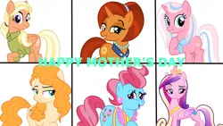 Size: 1920x1080 | Tagged: safe, artist:cheezedoodle96, artist:jeatz-axl, artist:phucknuckl, artist:rustle-rose, derpibooru import, edit, editor:jaredking779, clear sky, cup cake, mane allgood, pear butter, princess cadance, stellar flare, alicorn, earth pony, pegasus, pony, unicorn, clothes, crown, female, image, jewelry, jpeg, mare, mother's day, neckerchief, necklace, pearl necklace, peytral, regalia, simple background, white background