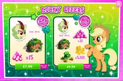 Size: 1960x1301 | Tagged: safe, derpibooru import, official, applejack, spring glow, earth pony, kirin, pony, advertisement, applejack's hat, bush, coin, costs real money, cowboy hat, english, female, gameloft, gem, hat, horn, image, jpeg, mare, mobile game, my little pony: magic princess, numbers, sale, text