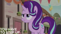 Size: 2000x1125 | Tagged: safe, derpibooru import, edit, edited screencap, editor:quoterific, screencap, starlight glimmer, to where and back again, balloon, image, our town, png, solo