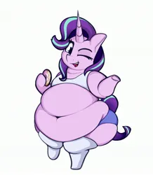 Size: 2581x2959 | Tagged: suggestive, alternate version, artist:andesblorps, derpibooru import, starlight glimmer, semi-anthro, unicorn, belly, belly button, big belly, clothes, dialogue, donut, fat, female, food, high res, image, jpeg, looking at you, magic, obese, one eye closed, open mouth, open smile, shirt, simple background, smiling, smiling at you, socks, solo, solo female, starlard glimmer, white background