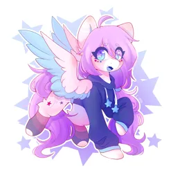 Size: 2048x2048 | Tagged: safe, artist:strawberryc208, derpibooru import, oc, oc:strawberryc-208, unofficial characters only, pegasus, pony, beanbrows, clothes, colored wings, cute, eye clipping through hair, eyebrows, eyebrows visible through hair, female, high res, hoodie, image, looking at you, mare, ocbetes, open mouth, pegasus oc, png, signature, socks, solo, spread wings, starry eyes, stars, wingding eyes, wings
