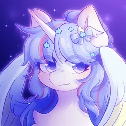Size: 2048x2048 | Tagged: safe, artist:strawberryc208, derpibooru import, oc, unofficial characters only, alicorn, pony, alicorn oc, bow, eye clipping through hair, eyebrows, eyebrows visible through hair, female, hair bow, high res, horn, image, jpeg, looking at you, mare, partially open wings, signature, smiling, smiling at you, solo, wings