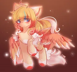 Size: 1776x1670 | Tagged: safe, artist:strawberryc208, derpibooru import, oc, unofficial characters only, pegasus, pony, colored wings, colored wingtips, eye clipping through hair, eyebrows, eyebrows visible through hair, female, gradient background, image, jpeg, looking at you, mare, pegasus oc, raised hoof, signature, solo, sparkles, wings