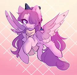 Size: 1675x1640 | Tagged: safe, artist:strawberryc208, derpibooru import, oc, unofficial characters only, pegasus, pony, abstract background, bow, clothes, female, hair bow, hair over one eye, image, jpeg, looking at you, mare, pegasus oc, scarf, signature, solo, spread wings, wings