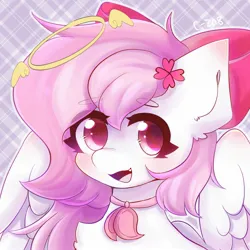 Size: 2048x2048 | Tagged: safe, artist:strawberryc208, derpibooru import, oc, unofficial characters only, pegasus, pony, abstract background, collar, eyebrows, eyebrows visible through hair, female, high res, image, jpeg, looking at you, mare, open mouth, partially open wings, pegasus oc, signature, solo, wings