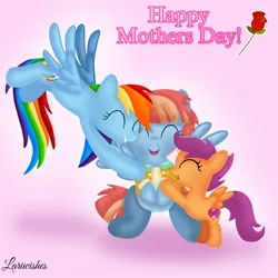 Size: 1400x1400 | Tagged: safe, artist:mlplary6, derpibooru import, rainbow dash, scootaloo, windy whistles, pegasus, pony, adopted, adopted offspring, eyes closed, female, filly, flower, flying, foal, happy, hug, image, jpeg, mare, mother and child, mother and daughter, mother's day, rose, scootalove, siblings, sisters, sitting, smiling, text