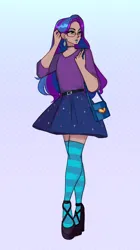 Size: 2364x4224 | Tagged: safe, artist:ekot, derpibooru import, oc, oc:star dust, unofficial characters only, human, bag, bipedal, blouse, blue eyeshadow, blue hair, blue lipstick, blue socks, choker, clothes, commission, dark skin, ear piercing, earring, eyelashes, eyeliner, eyeshadow, femboy, full body, glasses, green eyes, handbag, high heels, humanized, humanized oc, image, jewelry, lipstick, long hair, long nails, looking at something, loose hair, makeup, male, miniskirt, piercing, pink background, png, purple hair, shoes, simple background, skirt, socks, solo, standing, stockings, striped socks, teal background, teal socks, thigh highs, two toned hair, zettai ryouiki