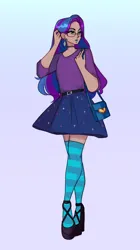 Size: 2364x4224 | Tagged: safe, alternate version, artist:ekot, derpibooru import, oc, oc:star dust, unofficial characters only, human, bag, bipedal, blouse, blue eyeshadow, blue hair, blue lipstick, blue socks, choker, clothes, commission, dark skin, ear piercing, earring, eyelashes, eyeliner, eyeshadow, femboy, full body, glasses, green eyes, handbag, high heels, humanized, humanized oc, image, jewelry, lipstick, long hair, long hair male, long nails, looking at something, loose hair, makeup, male, miniskirt, piercing, pink background, png, purple hair, shoes, simple background, skirt, socks, solo, standing, stockings, striped socks, teal background, teal socks, thigh highs, thigh socks, two toned hair, zettai ryouiki