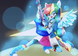 Size: 3123x2253 | Tagged: safe, artist:applejack_yokai, derpibooru import, rainbow dash, equestria girls, female, guitar, image, jpeg, musical instrument, ponied up, solo