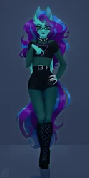 Size: 1626x3240 | Tagged: safe, artist:elektra-gertly, derpibooru import, oc, oc:star dust, unofficial characters only, anthro, pegasus, belt, black underwear, blouse, blue background, blue eyeshadow, blue lipstick, blue mane, blue tail, boots, bra, choker, clothes, commission, ear piercing, earring, eyelashes, eyeliner, eyeshadow, femboy, folded wings, glasses, goth, green eyes, hand on hip, high heel boots, high heels, image, jewelry, lipstick, long hair male, long mane, long nails, long tail, looking at you, loose hair, makeup, male, metal claws, pantyhose, pathetic, pegasus oc, piercing, platform heels, platform shoes, png, purple mane, purple tail, reflection, see-through, shirt, shoes, shorts, simple background, socks, spiked choker, standing, t-shirt, tail, teal wings, thigh highs, two toned mane, two toned tail, underwear, unimpressed, wings