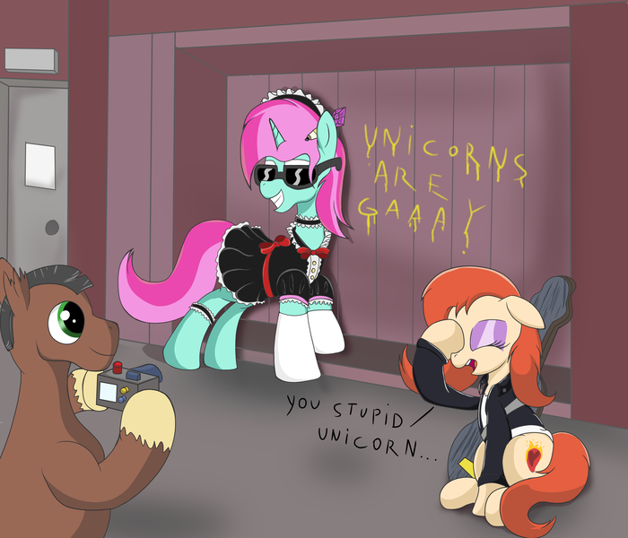 Size: 3500x3000 | Tagged: safe, artist:amateur-draw, derpibooru import, oc, oc:belle boue, oc:oak wood, oc:phosphor flame, unofficial characters only, earth pony, pony, unicorn, camera, clothes, crossdressing, facehoof, female, gloves, guitar case, image, jacket, leather, leather jacket, maid, maid headdress, makeup, male, mare, meme, meme origin, png, shirt, silly, silly pony, sombra's pencil, stallion, sunglasses